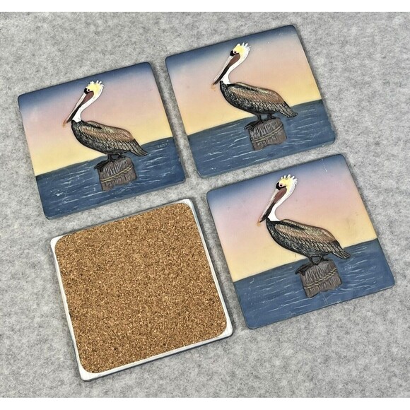 Pelican Ceramic Coaster for Drinks 4 Piece Set Cork Base Ocean Bird‎ Beach Theme - Picture 3 of 7